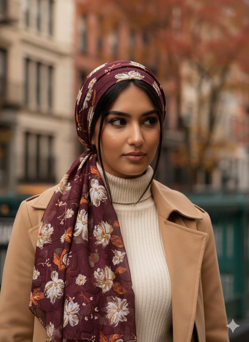 מטפחת בשיפון בורדו עם פרחים