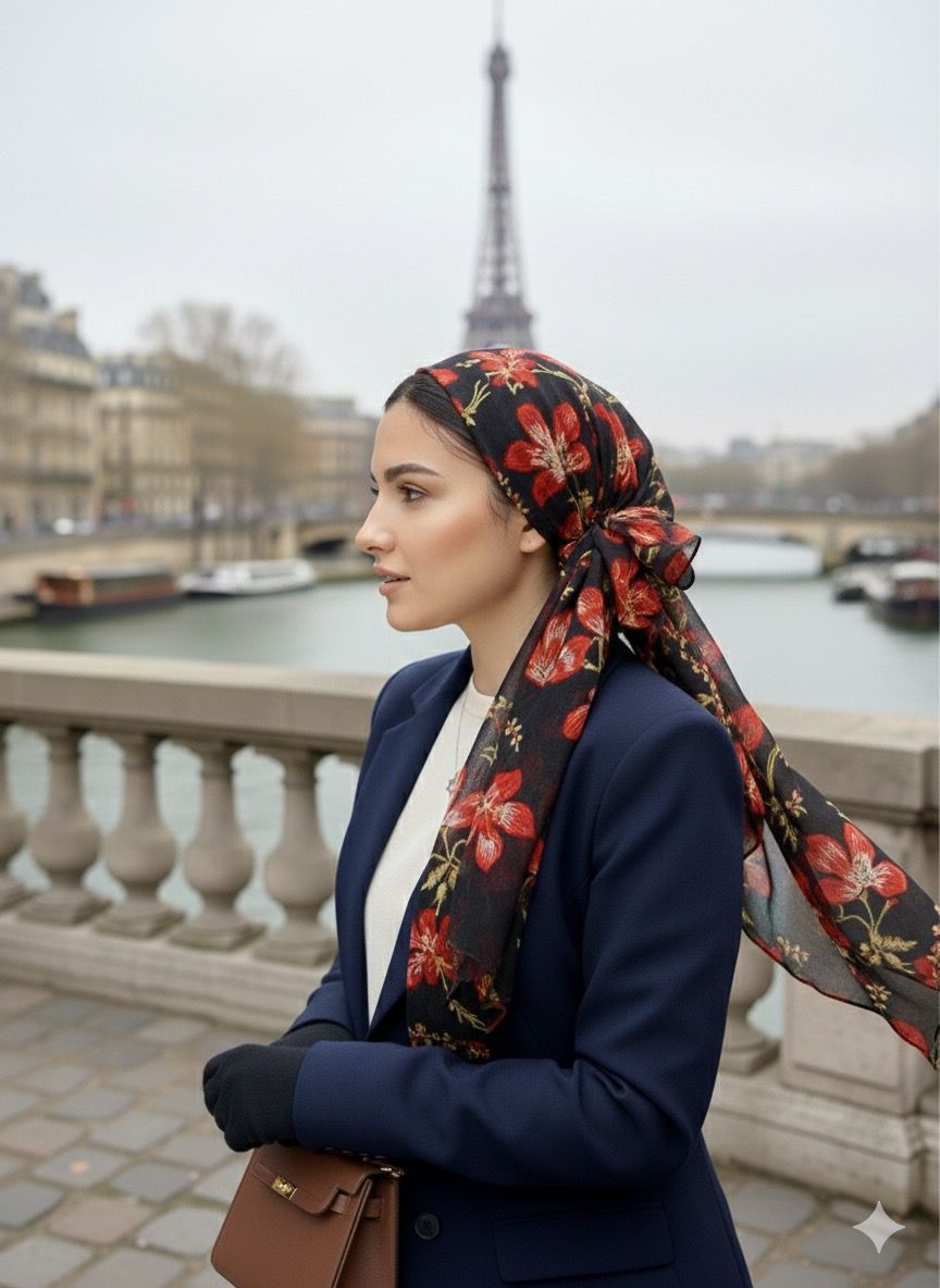 מטפחת בשיפון שחור עם הדפס פרחים אדומים