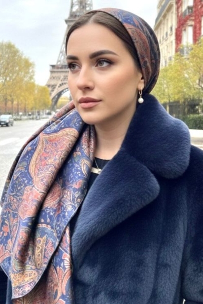 מטפחת סאטן כחול עם הדפסים