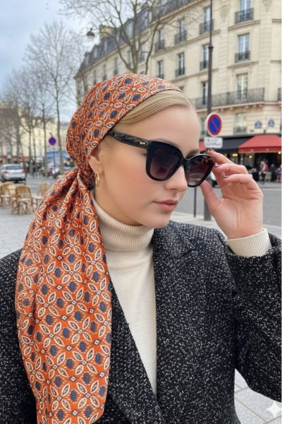 מטפחת סאטן כתום עם הדפס כחול