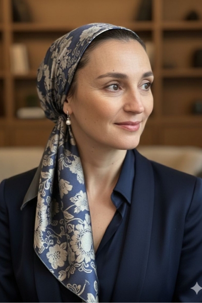 מטפחת סאטן כחול כהה עם הדפס פרחים בז׳