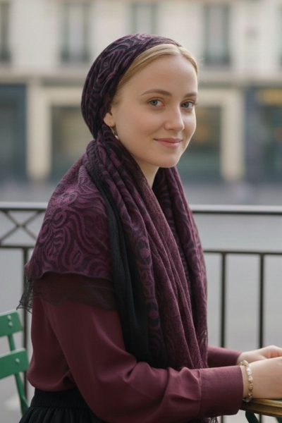 מטפחת ערב תחרה קטיפה שחורה ובורדו עם טול שחור