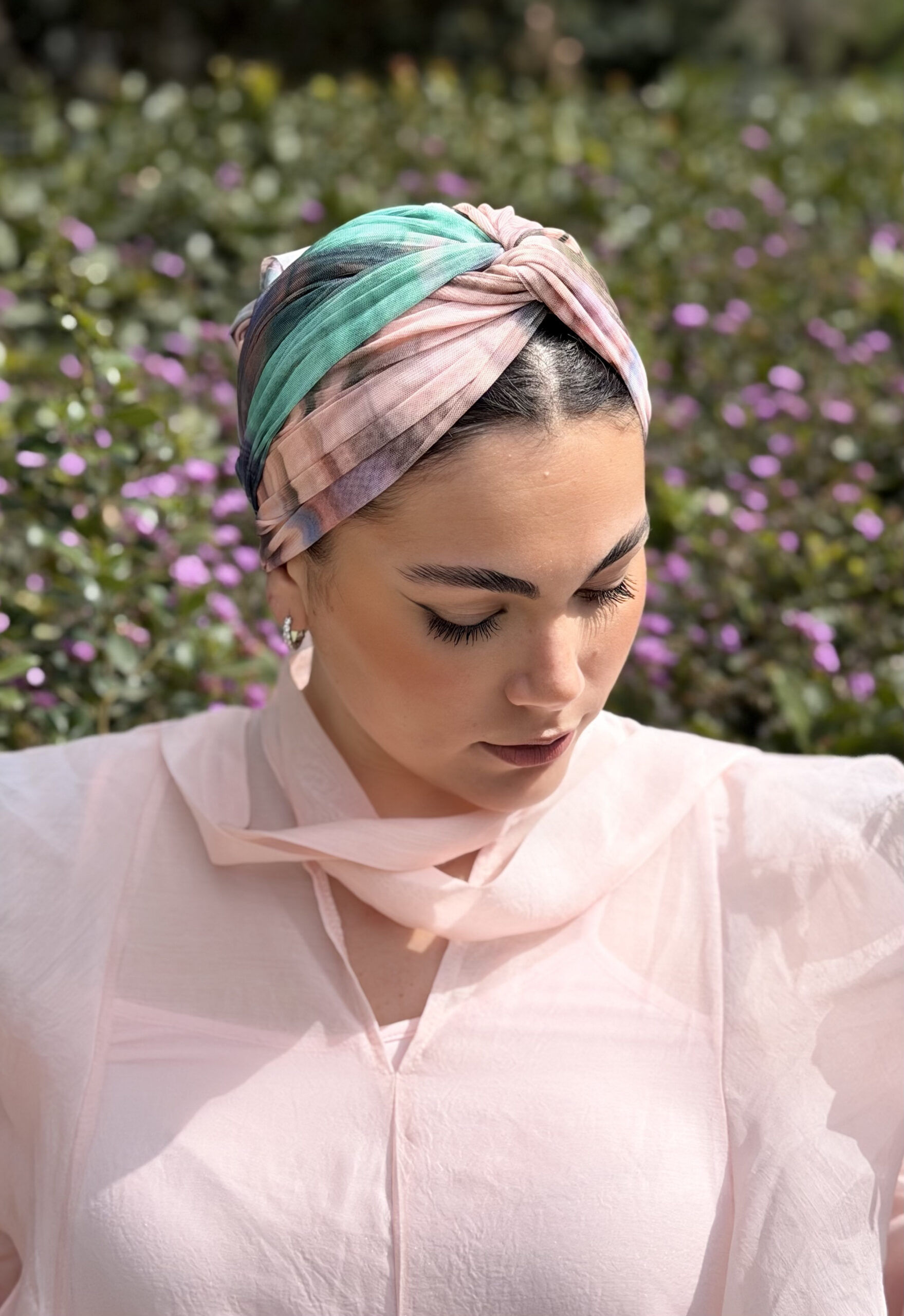 טורבן שיפון לייקרה ורוד כחול וירוק