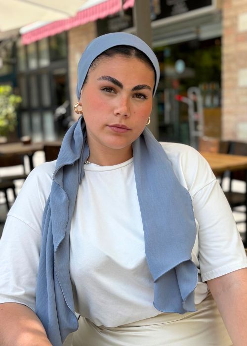 מטפחת מוכנה ללבישה בקליק שיפון לייקרה צבע ג'ינס