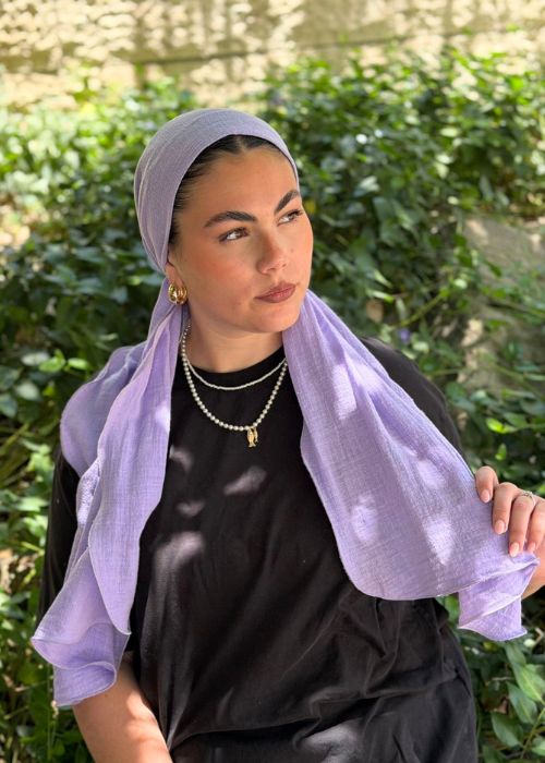 מטפחת מוכנה ללבישה בקליק דמוי פשתן סגול לילה