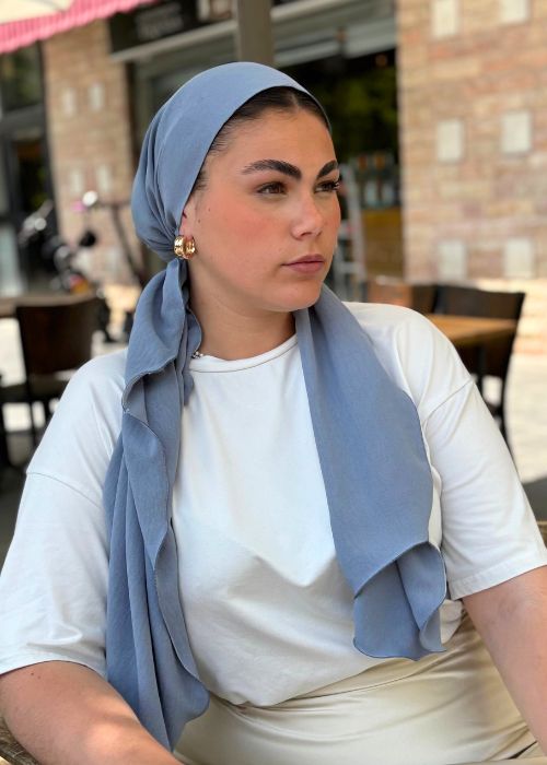 מטפחת מוכנה ללבישה בקליק שיפון לייקרה צבע ג'ינס – תמונה 3