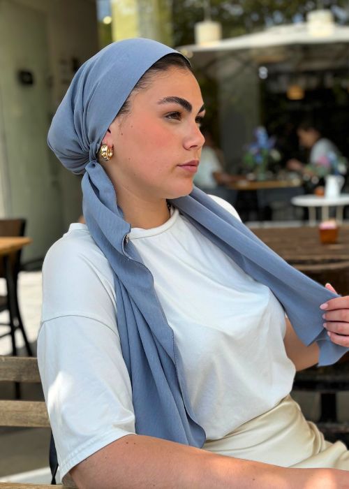 מטפחת מוכנה ללבישה בקליק שיפון לייקרה צבע ג'ינס – תמונה 5