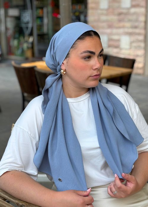 מטפחת מוכנה ללבישה בקליק שיפון לייקרה צבע ג'ינס