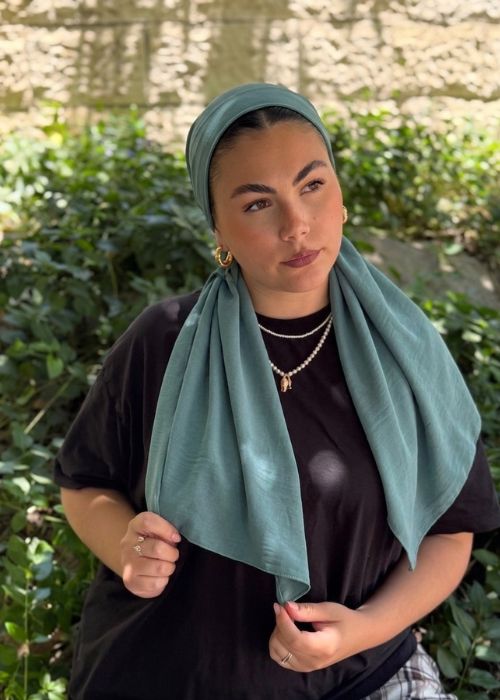 מטפחת מוכנה ללבישה בקליק שיפון לייקרה ירוק מרווה