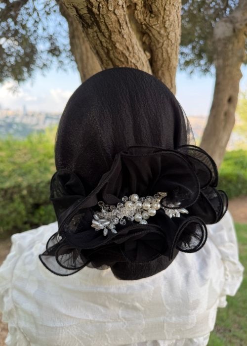 סרט סמוק טול רשת שחור עם פנינים (לא כולל המטפחת)
