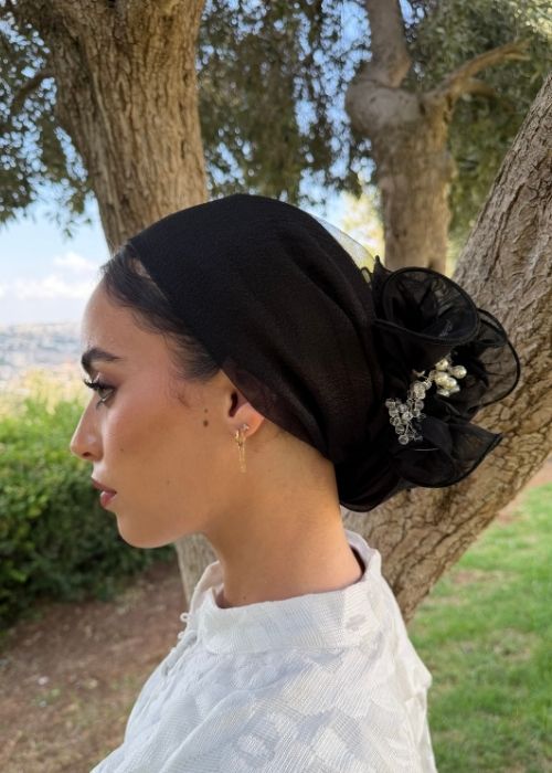 סרט סמוק טול רשת שחור עם פנינים (לא כולל המטפחת)